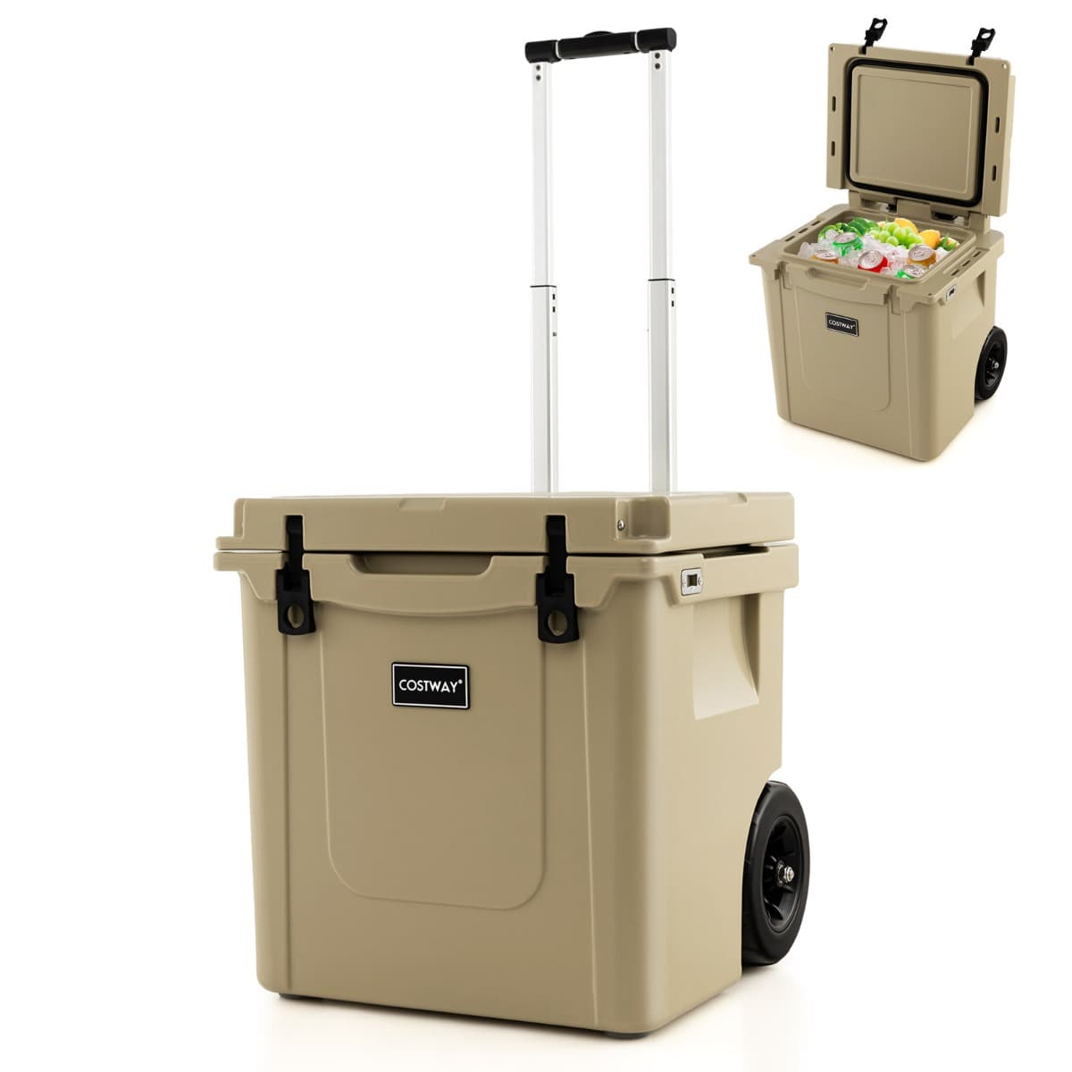 CostwayGlacière 43 L avec Roues Tout Terrain Étanche et Poignée Réglable pour Le Camping Café sur Roulette pour Cuisine Blanc