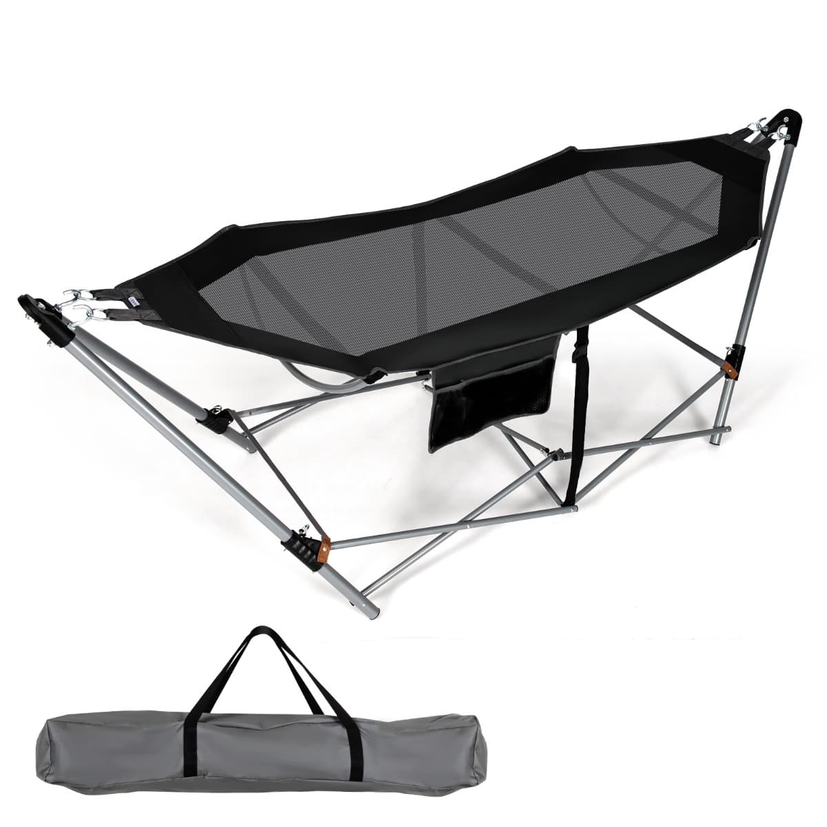 CostwayHamac Pliant Intérieur et Extérieur avec Poche Latérale Boucles Anti-basculement et Support en Fer Lit Hamac de Camping Pliable pour Porche