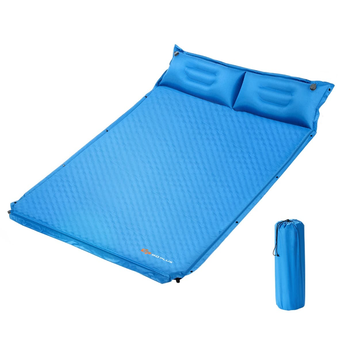 CostwayMatelas de Camping Autogonflant 2 Personnes avec 2 Oreillers 187x131x4 CM et Sac Portable en PVC Imperméable pour Randonnées Bleu
