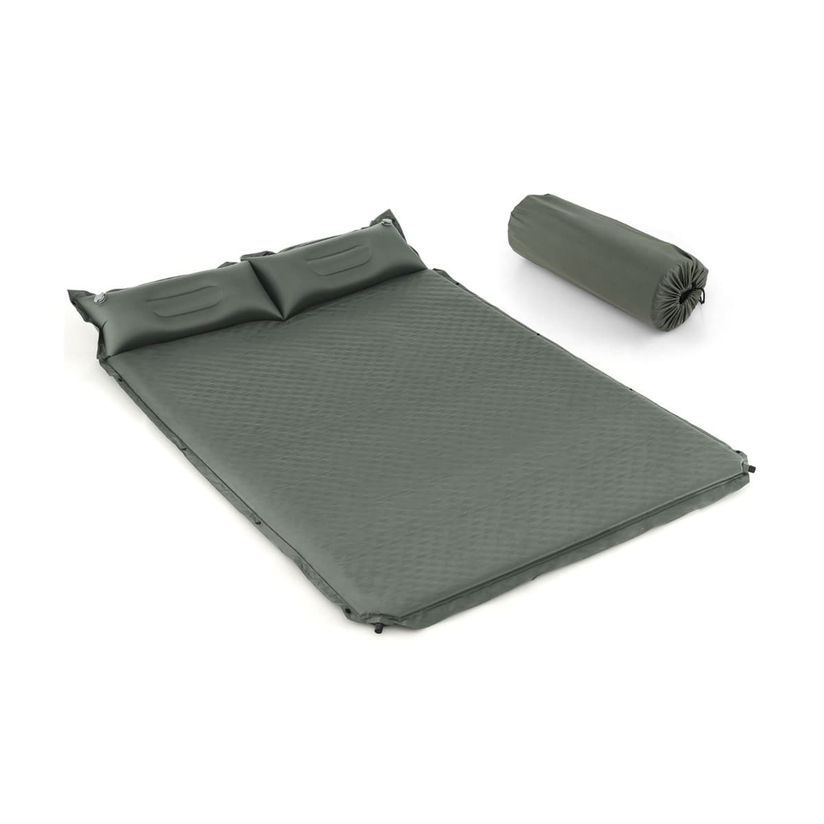 CostwayMatelas de Camping Autogonflant 2 Personnes avec 2 Oreillers 187x131x4 CM et Sac Portable en PVC Imperméable pour Randonnées Vert