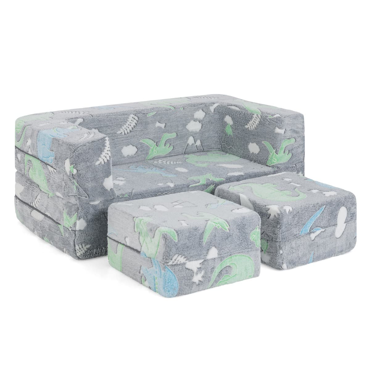 CostwayCanapé de Jeu 2 Places pour Enfants Canapé Modulaire Phosphorescent Canapé Pliable 3 en 1 Housse en Flanelle Dinosaure Gris